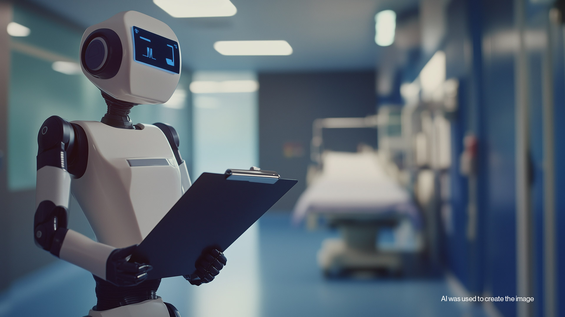 Image of a robot with a clipboard in a hospital environment created with AI